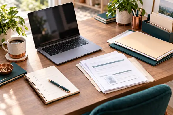 Applicant organizing documents beside a laptop